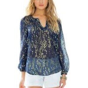 Lilly Pulitzer Silk Colby Light Blue Gold Shimmer Dot Tunic Blouse